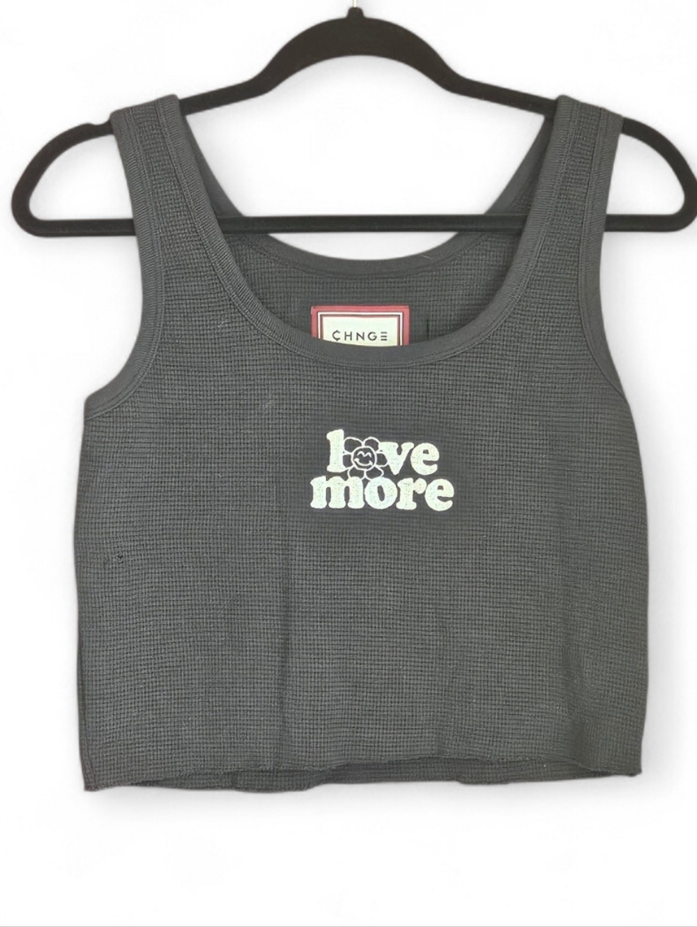 ​CHNGE "Love More" Waffle Knit Crop Tank Top - Black - Large - Y2K Streetwear